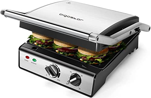 Aigostar Max 30 HIX - Grill, parrilla, panini, sándwich, con placas extraíbles, 2000W de potencia, apertura 180º, temperatura y temporizador ajustables, placas grandes 29 x 24cm. Libre de BPA.