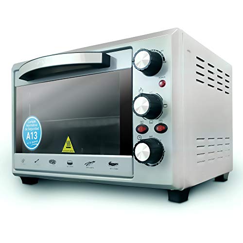 Grunkel - Horno eléctrico multifunción de sobremesa de 28L - HR-28NRM - Con 3 funciones de calor, selector de temperatura hasta 230ºC y temporizador de 60 min. Accesorios incluidos - 1600W - Silver