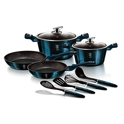 B BERLINGER HAUS BERLINGERHAUS PROFESSIONAL PRECISION Batería Cocina Inducción, sin PFOA, Aluminio, Set 2 Cazuelas 2 Tapas Cristal 2 Sartenes 4 Utensilios, Vitrocerámica, Azul Marino, AT-6143
