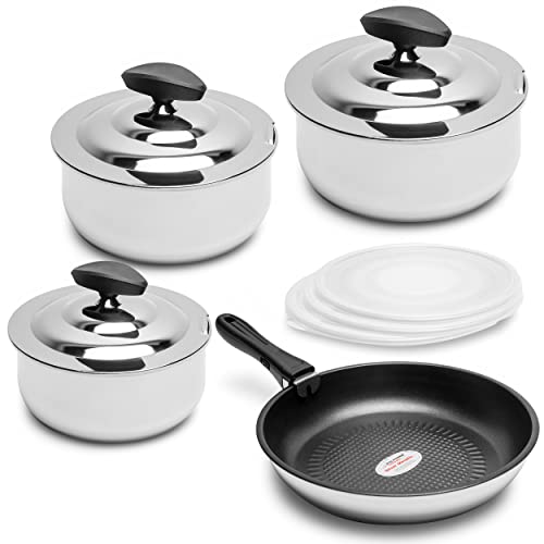 Callaway Stuttgart Batería Cocina Inducción, Mango Extraíble, 11 Piezas, Acero Inoxidable 18/10, Antiadherente, 3 Cacerolas, 1 Sartén, 3 Tapas Inox + 3 Herméticas, 1 Mango Intercambiable, Apilable