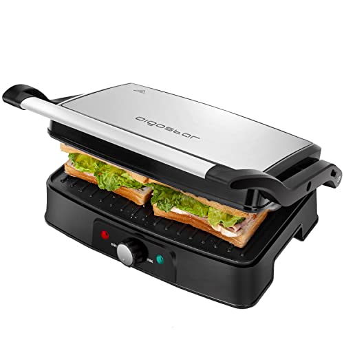 Aigostar Hitte - Parrilla Eléctrica, Grill, Sandwichera y Máquina de Panini,1500W de Potencia, 2 Placas de Cocinado Independientes Antiadherentes, Apertura 180º, Temperatura Regulable.