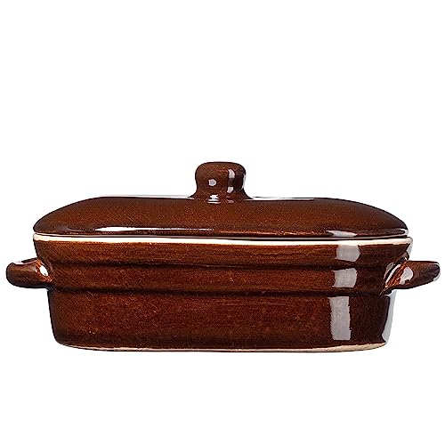 KADAX Cacerola de arcilla, 23 x 12,5 x 6 cm, con superficie de cerámica, apta para lavavajillas, olla con tapa, olla de pan de arcilla para horno y microondas (con tapa)