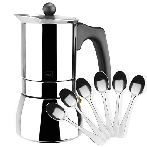 MAGEFESA ® Genova cafetera italiana con capacidad para 10 tazas, 500 ml, fabricada en acero inoxidable, cafe, apta para todo tipo de cocinas, incluido INDUCCION (Cafetera 10 tazas + 6 Cucharas moka)