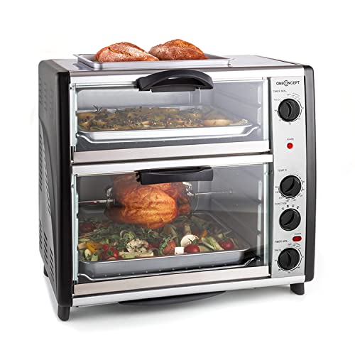 oneConcept All-You-Can-Eat Horno eléctrico doble - 2 cámaras de cocción , Parrilla superior , Capacidad Total 42 L , 2400 W , Temperatura: 60-240°C , Temporizador , Acero inoxidable , Plateado