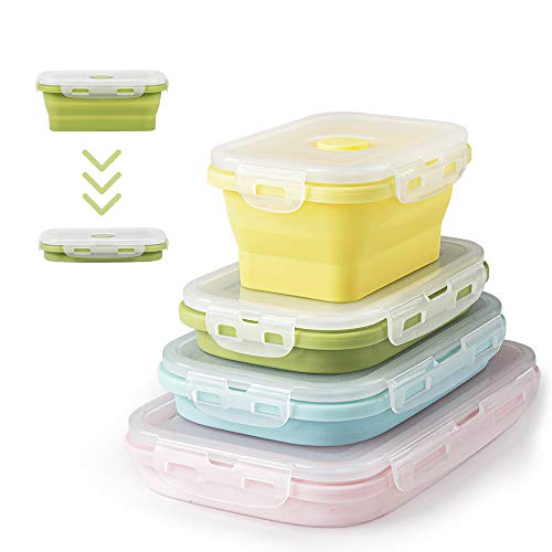 Virklyee 4 PCS Recipientes de Silicona Plegable Fiambrera de Silicona Plegable de Silicona Recipientes para Alimentos Contenedores de Almacenaje de Silicona Plegable Ahorro de Espacio(Color Claro o2)