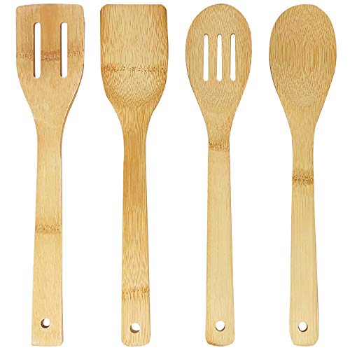 Joejis 4 Utensilios de cocina de madera de bambú Utensilios de cocina madera para cocinar 4 utensilios de bambú resistentes y elegantes Cuchara de Madera Espátula de bambú cuchara ranurada