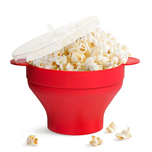 01 02 015 Cuenco para Palomitas de Maíz, Reutilizable, Plegable, de Silicona, Utensilios de Cocina, Contenedor de Alimentos para Refrigerador, Microondas, Horno(con Mango-Nuevo Rojo)