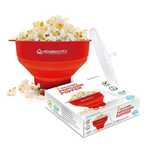 Cuenco plegable de silicona para palomitas de maíz de aire caliente de microondas con tapa y asas (Red)