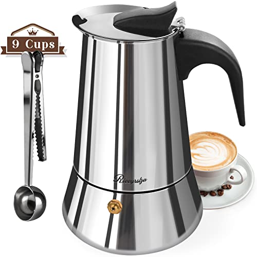Rieeyrslza Cafetera Moka de Acero Inox 9 Tazas / 450ml Cafetera Italiana Portátil Perfecta para Gas y vitroceramica Cafetera Espressos Con Cucharas y Juntas de Goma