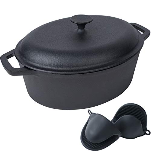 Cazuela Hierro Fundido Con Tapa – Cacerola Hierro Fundido Ovalado – Para Todas Las Áreas De Cocina +Más: Guantes Para Horno