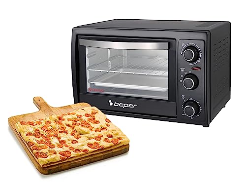Beper 90.883 — Horno eléctrico 20 litros, elementos calefactores de acero, doble vidrio, mango termoaislante, temporizador hasta 60 minutos, temperatura hasta 230 °C, 3 modos de cocción, accesorios