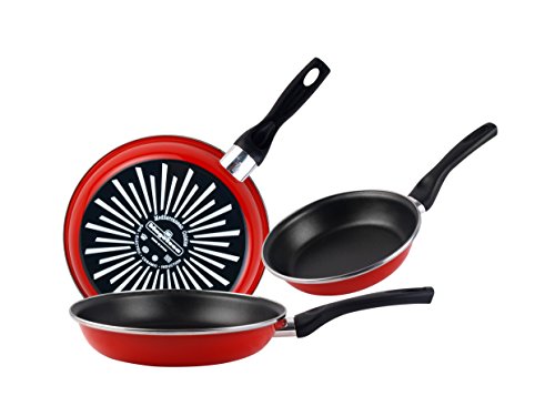 Magefesa Grana Juego de 3 sartenes (18/20/24 cm) de acero vitrificado exterior color rojo, Antiadherente bicapa reforzado, aptas para todo tipo de cocinas, especial inducción, 50% de ahorro energético