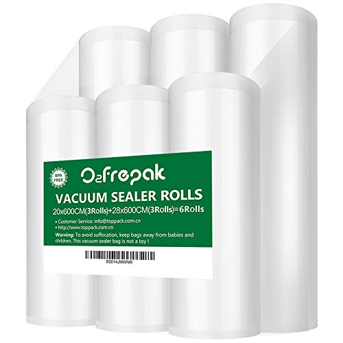 O2frepak 6 Rollos (3)20X600cm y (3)28X600cm Rollo Bolsas Envasar al Vaci Vacio Alimentos Bolsas de Vacío de Alimentos,Bolsas para Envasar al Vacío Envasado al Vacío para Alimentos Sin BPA