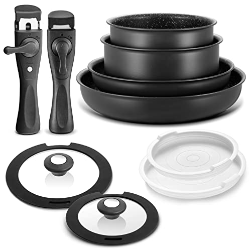 Juego de utensilios de cocina de inducción de 10 piezas, ollas y sartenes antiadherentes con asas desmontables, para todas las fuegos, diseño apilable, apto para lavavajillas y horno