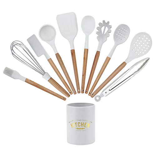 11 Piezas Juego de Utensilios de Cocina de Silicona, Juego de Utensilios de Cocina Resistentes al Calor y Antiadherentes con Mango de Madera Natural, Espátula Cuchara Utensilios de Cocina, Blanco