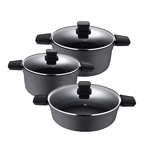 SAN IGNACIO Bistro | Batería de Cocina | Set de 3 Cazuelas de 20, 24 y 28cm de Diámetro con Tapa de Vidrio | Fabricadas con Aluminio Fundido | Juego de Cacerolas | Aptas para Todo Tipo de Cocinas