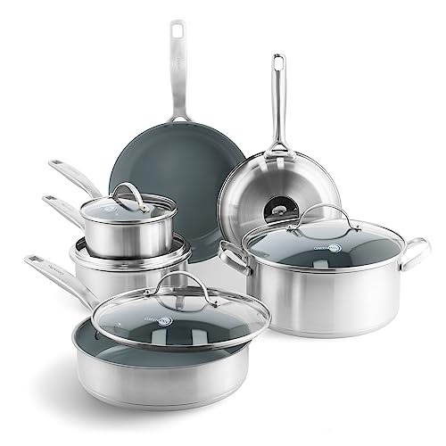 GreenPan Treviso Juego de 10 ollas y sartenes de acero inoxidable con revestimiento de cerámica antiadherente, incluye sartén cacerola y ollas, sin PFAS, apto para inducción, horno y lavavajillas,gris