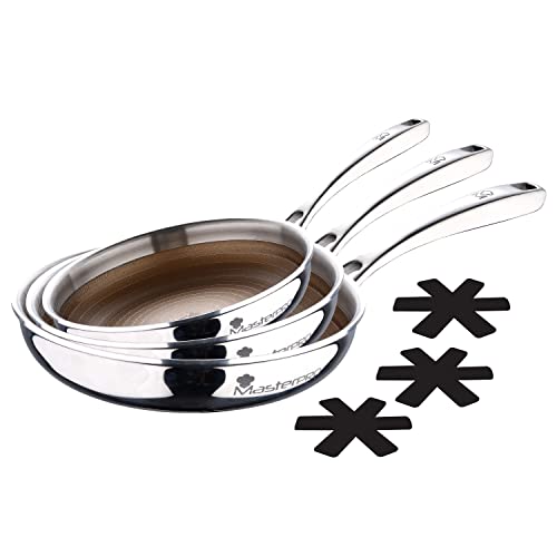 MasterPRO Giro 3 | Juego de Sartenes Antiadherentes de 20, 24 y 28cm con Protectores | Triple Capa de Acero Inoxidable y Aluminio Forjado | Mango Ergonómico | Acero Inoxidable | Todo Tipo de Cocinas
