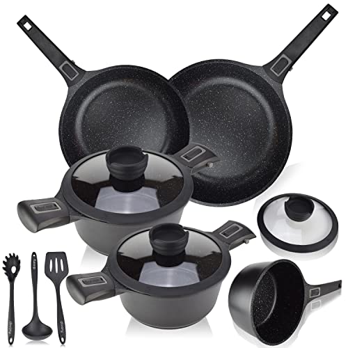 DIVORY Juego de ollas de inducción - 14 piezas, juego de ollas con tapa, ollas y sartenes revestidas con mango extraíble incl. utensilios de cocina y caja de regalo