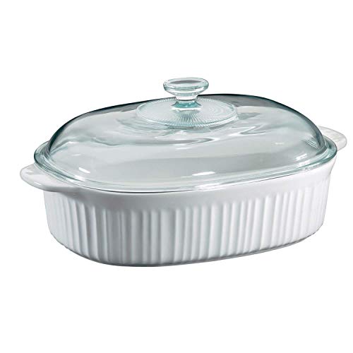 CorningWare 6002278 Cacerola ovalada de 4 cuartos de galón blanco francés con tapa de vidrio