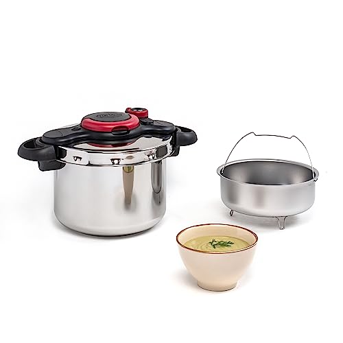 Tefal Olla a Presión Clipso Minut Easy 6 L - Acero Inoxidable, Modos de cocción de alta y baja presión, 5 sistemas de seguridad y cierre fácil con una sola mano, cestillo vapor integrado