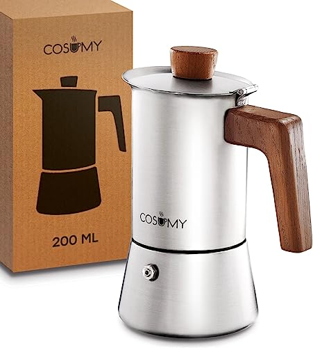 Cosumy Cafetera Italiana de Acero Inoxidable y Roble Sostenible - Para 4 Tazas - Apta para Inducción - Con Junta de Silicona de Repuesto - 200ml