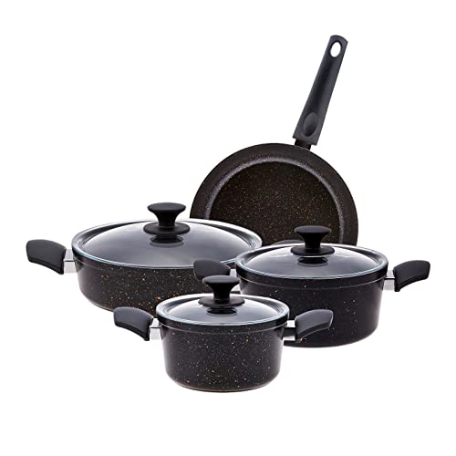 Karaca Blackgold Bio Granit - Batería de cocina, 7 piezas, no tóxico, juego de sartenes antiadherentes con tapas de cristal, apto para lavavajillas, juego de cocina de granito