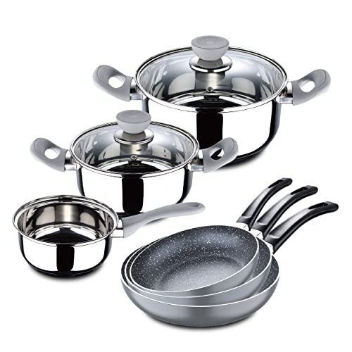 SAN IGNACIO Alexia + Soul Marble | Batería de Cocina | 2 Cazuelas con Tapa de 2,9L y 2,1L; 1 Cazo de 1,5L y 3 Sartenes de 16, 20 y 24cm | Sartenes y Cacerolas Antiadherentes | Todo Tipo de Cocinas