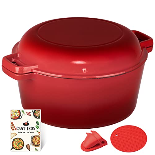 Overmont Olla de Hierro Fundido Esmaltado con Tapa de Doble Función 5,6 L Olla Holandesa Cacerola Antiadherente para Camping Cocina Casera Barbacoa con Asa Tapa Receta