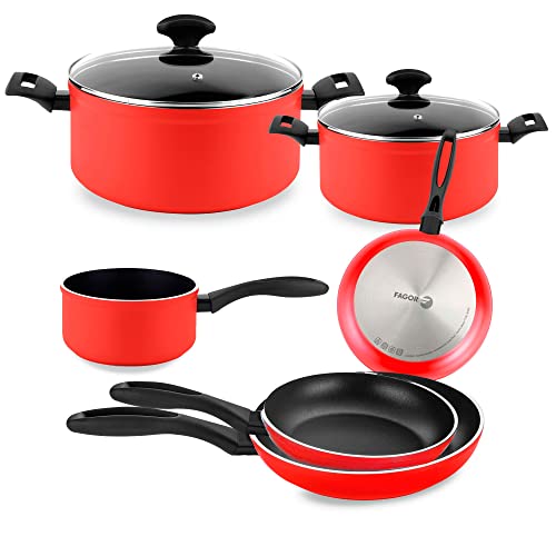 Fagor Maxima Batería Cocina Inducción 8 Piezas Set 2 Cazuelas 20-24 cm, 2 Tapas Cristal, 3 Sartenes 20-24-28 cm, Cazo 16 cm Alumninio Forjado, Antiadherente sin PFOA, Apta Todas Las Cocinas, Rojo