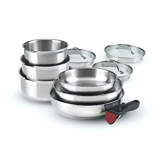 Qdesign - Batería de cocina de inducción de 10 piezas - Set de 3 sartenes, 3 sartenes y 3 tapas Coladores con mango extraíble - Acero inoxidable - Juego para todo fuego - Plata