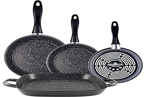 Magefesa K2 Gransasso Set juego 3 sartenes 18/20/24 cm y asador cuadrado 28 cm con 2 asas, acero esmaltado vitrificado, inducción y lavavajillas, gris