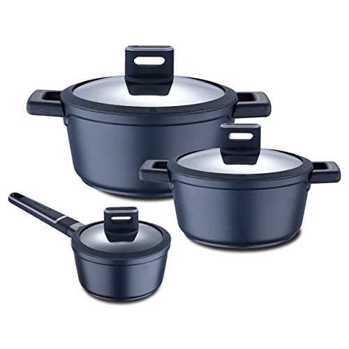 MasterPro Indigo Menaje de Cocina de 6 Piezas, Juego de Cacerolas y Cazo con Tapa de 16, 20 y 24cm de Diámetro, Aluminio Fundido, Revestimiento Xylan Plus, Mango Soft Touch, Todo Tipo de Cocinas
