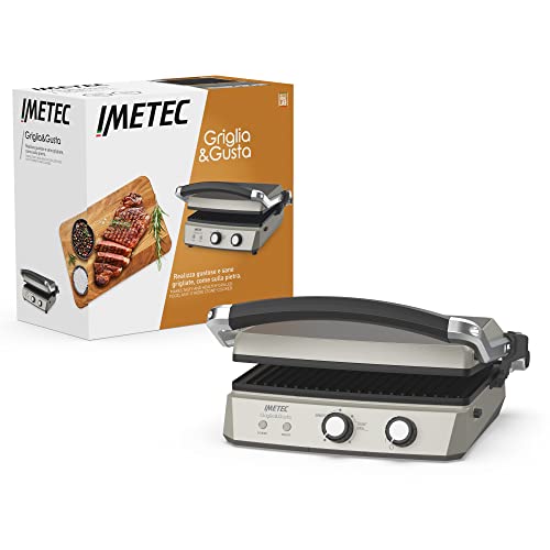 Imetec Griglia&Gusta, Parrilla Eléctrica con placas antiadherentes extraibles, recubrimiento de triple capa de titanio, 7 posiciones, 3 funciones de cocción, control térmico, 2000 Watts