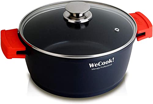 WECOOK! - Cazuela Alta Ecostone Inducción 24cm con Tapa de Cristal, Antiadherente XTRA DUPON Ecológico, sin PFOA, Aluminio Fundido 5mm, Asas Silicona, Apta para Todo Tipo de Cocinas, Tamaño 24cm