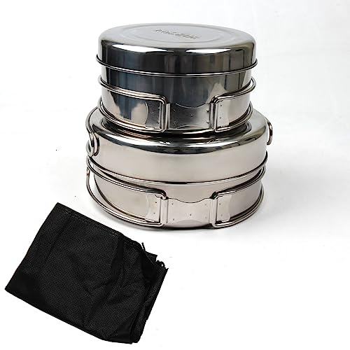 Porssaut Juego de 4 utensilios de cocina para camping, kit de utensilios de cocina, sartén ligera para mochileros, ollas y sartenes de acero inoxidable, compacto para picnic, senderismo, viajes