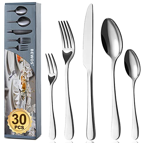 BEWOS Juego de cubiertos para 6 personas, juego de cubiertos de 30 piezas que incluye cuchillo, tenedor, cuchara, cubiertos, acero inoxidable pulido espejo, apto para lavavajillas