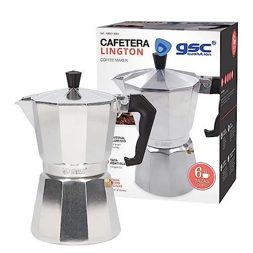 GSC Evolution Cafetera Italiana de Aluminio | 6 tazas | Apta para Todo Tipo de Cocinas |Inducción, Gas, Eléctrica | Color Plata | Fácil Montaje y Desmontaje
