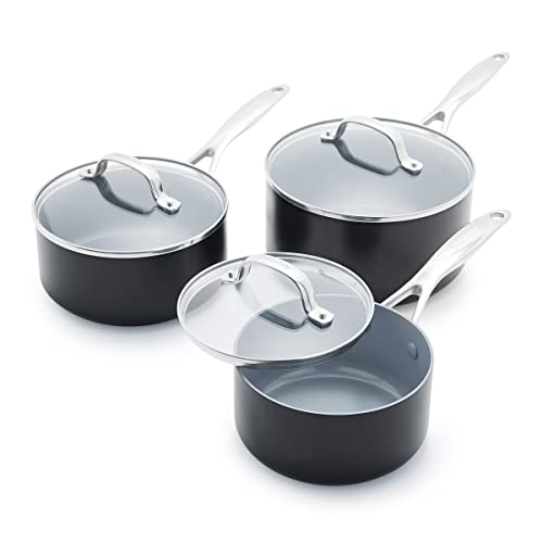 GreenPan Valencia Pro Juego de Sartenes de Cerámica Saludable Anodizada Dura, 16 cm/1,5 l, 18 cm/2 l y 20 cm/3,1 l, Sin PFAS, Inducción, Apto para Lavavajillas, Apto para Horno, Gris