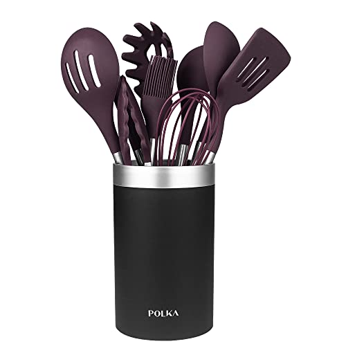 Cecotec Utensilios de Cocina de Silicona Polka Experience Set Titan. Set de 9 piezas Morado, Recubierto Soft touch y Mango de Acero. Materiales: Silicona, Nylon y PP, Incluye Holder Polka