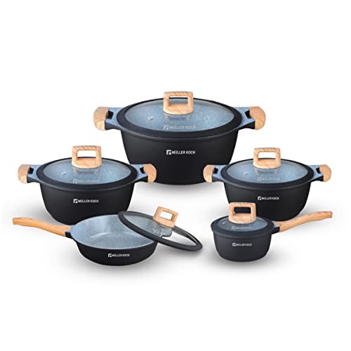 Müller Koch MK-5013 - Batería de cocina (10 piezas, tapa de cristal, para inducción, aspecto de madera)