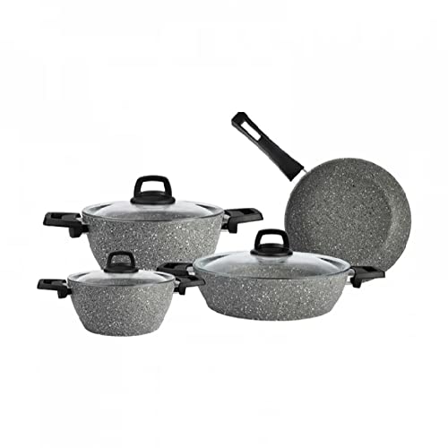 KARACA Gris Bio Granito 7 Piezas Juego de cacerolas/Sartenes, Antiadherente, Olla con Tapa de Cristal, Juego de Batería de Cocina, 2 Ollas con Tapa de Cristal + 2 Sartenes