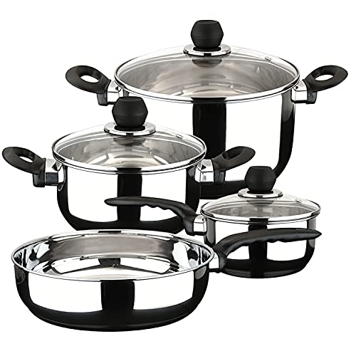 MAGEFESA ® Practika batería de cocina, 7 piezas, fabricada en Acero Inoxidable, su fondo difusor garantiza la distribución de calor, INDUCCIÓN, fácil Limpieza y Apta lavavajillas