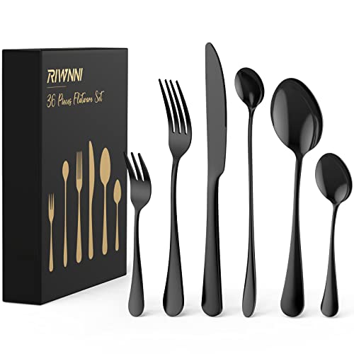 RIWNNI 36 Piezas Cubiertos Acero Inoxidable,Juego de Cubiertos para 6,Cuberterias Completas Modernas Incluye Cuchara, Tenedor, Cuchillo, Cuchara de Té, Tenedor de Ensalada, Cuchara de Postre-Negro