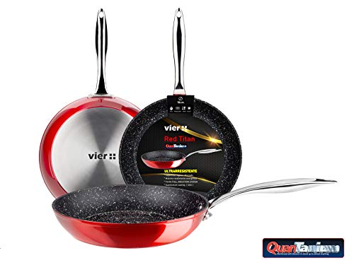 VIER Red Titan Set de 3 Sartenes Aluminio Forjado 18-22-26cm. Antiadherente sin PFOA, reforzado con partículas de Titanio. Apta para toda clase de cocinas, incluida inducción
