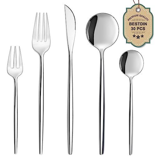 Bestdin Juego de cubiertos para 6 personas, 30 piezas, de acero inoxidable, con cuchillo, tenedor, cuchara, acero inoxidable, apto para lavavajillas.