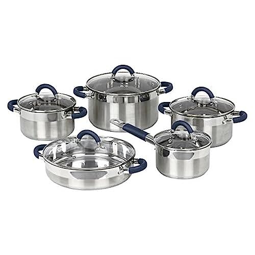 Jata BC10 - Batería Cocina 10 piezas de Acero Inoxidable, Antiadherente, Apta para Todo Tipo de Cocinas Incluso Inducción, Tapa Vidrio Temperit