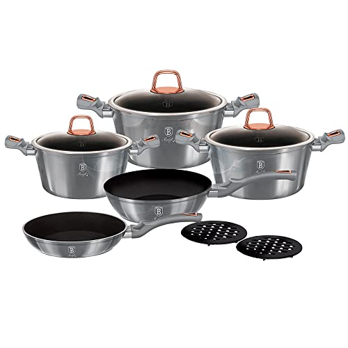Berlinger Haus Moonlight Batería Cocina Inducción 10 Piezas, Antiadherente Titanio sin PFOA, Aluminio, Set 3 Cazuelas, 3 Tapas Cristal, 2 Sartenes, 2 Salva Manteles, Diseño Moderno, Vitrocerámica