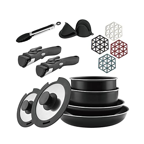 Abizoe Juego de utensilios de cocina de acero inoxidable de 14 piezas, sartenes y ollas antiadherentes con asas extraíbles, ahorro de espacio, excelente para caravanas y cocina compacta (azul)