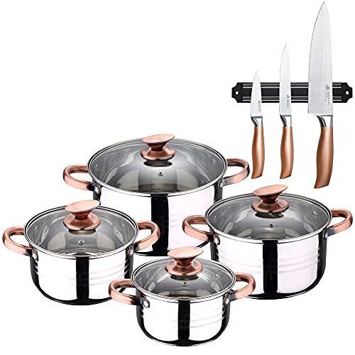San Ignacio Bateria de cocina 8 piezas apta para induccion Altea en acero inoxidable con set de 3 cuchillos en acero inoxidable con barra magnetica aptas para induccion, PK3238